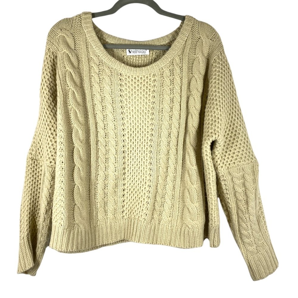 She Inside Womens Tan Oversized Cable Knit Sweater L